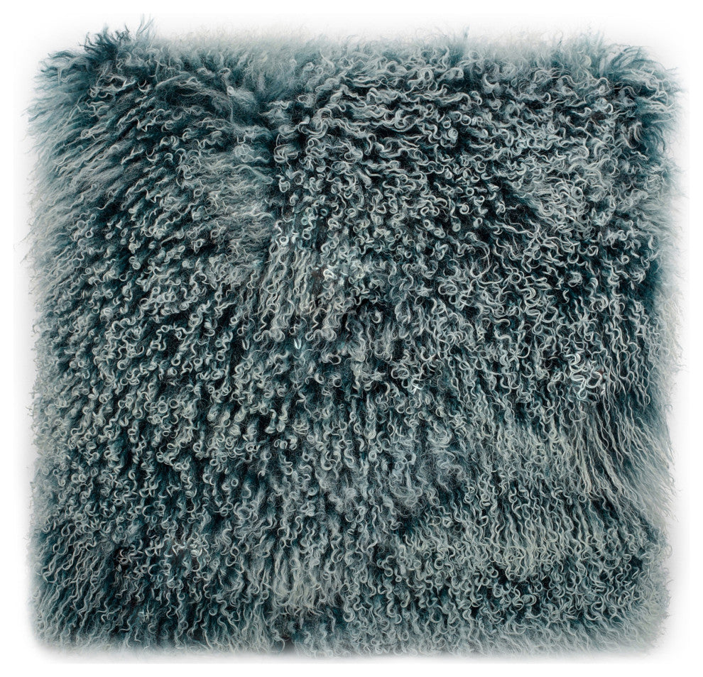 Contemporary Lamb Fur Pillow Large Teal Snow - Blue