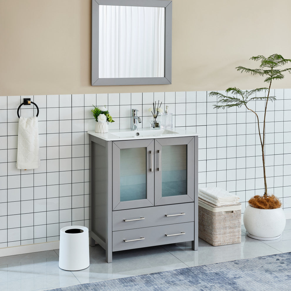 Vanity Art Single Vanity Set With Ceramic Top, 30", Gray, Led Touch-Switch Mirror
