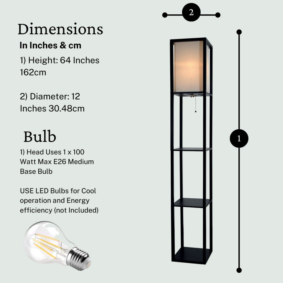 Floor Lamp with Shelves 63" Tall Wood with White Linen Shade