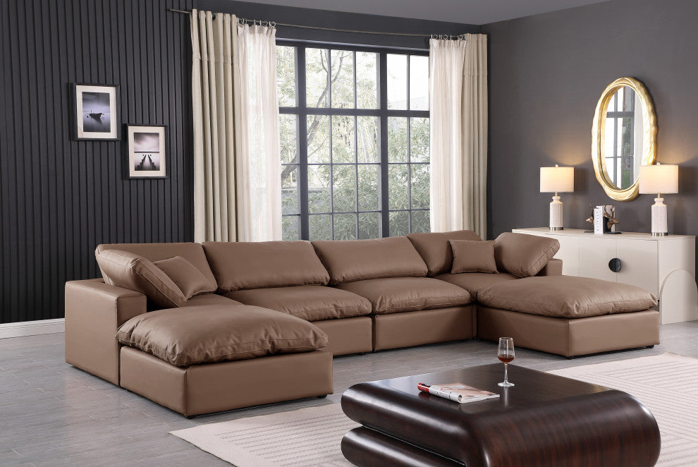 Comfy Upholstered U-Shaped Modular Sectional, Brown, 6-Piece: 2 Armless Chair, 2 Corner Chair, 2 Ottoman, Vegan Leather