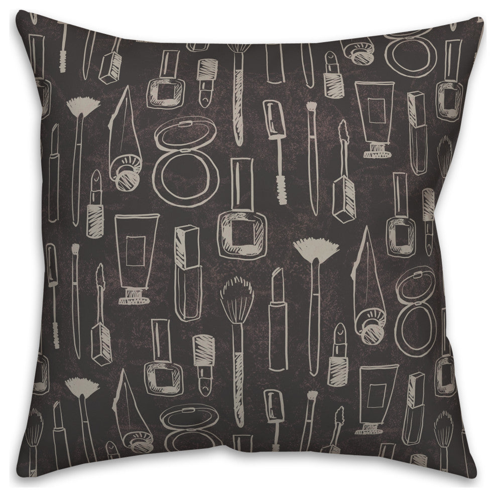 White Makeup Icons on Black 18x18 Spun Poly Pillow