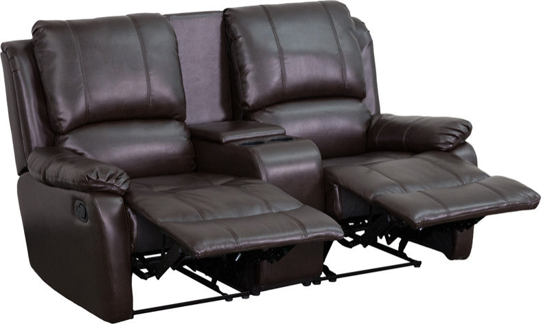 Modern 2-Seat Reclining Pillow Back Brown Leather Theater Seating
