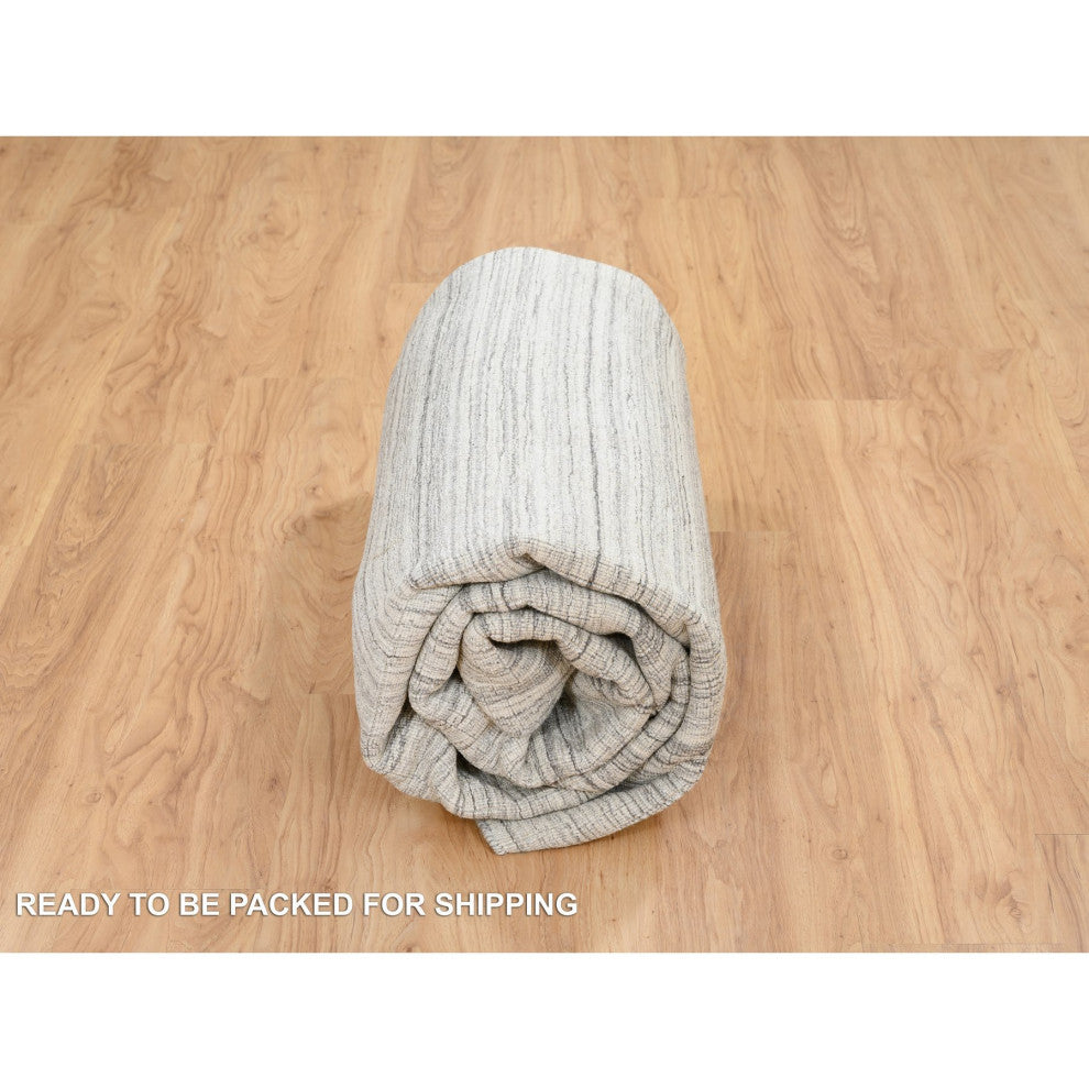 Gray Hand Loomed Undyed Natural Wool, Modern Design Square Rug, 8'1"x8'0"