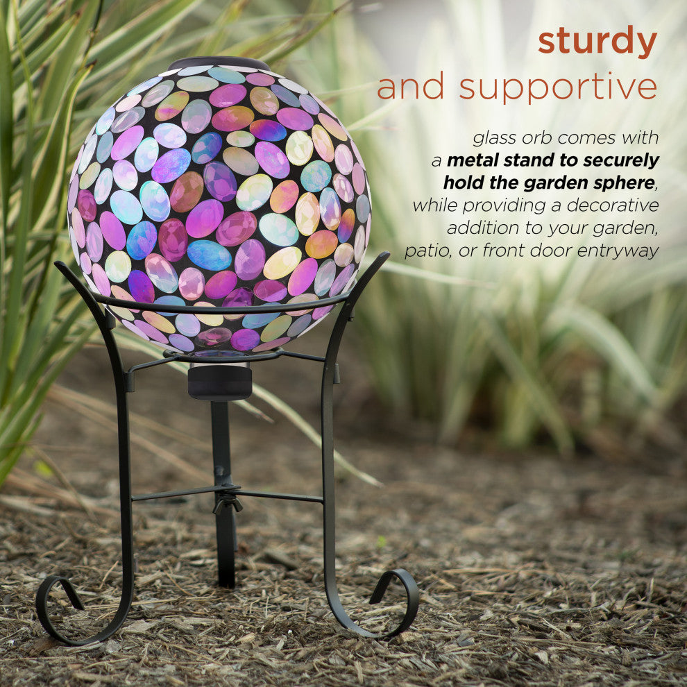 Solar Powered Pink Glass Mosaic Gazing Globe with LED Lights and Metal Stand