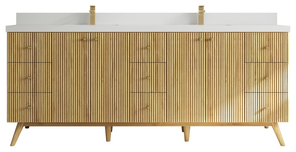Pasadena 84 Double Sink Bath Vanity in Light Natural Teak 2" White Quartz
