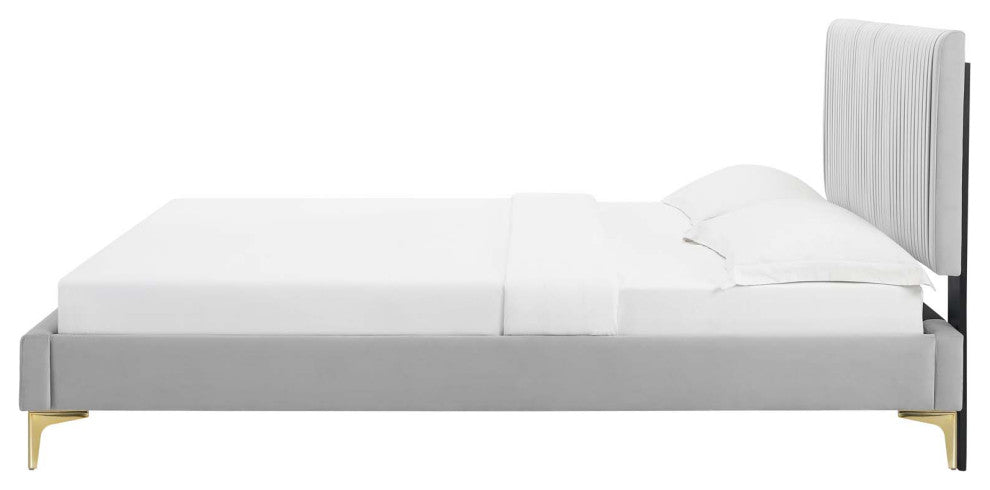 Platform Bed Frame, Queen Size, Velvet, Light Gray, Modern Contemporary