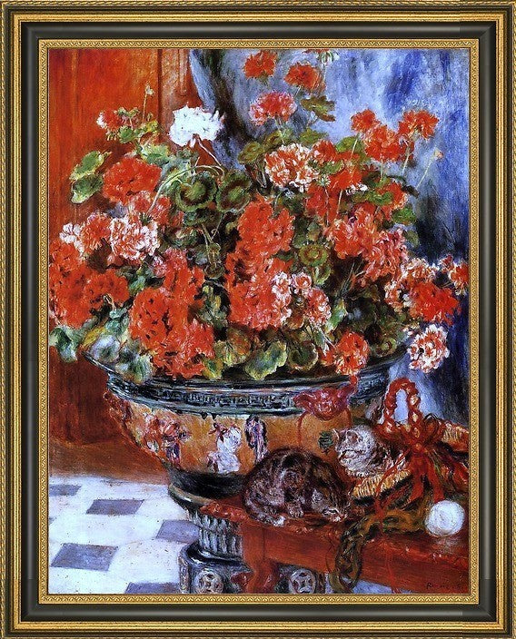 Pierre Auguste Renoir Geraniums and Cats Framed Premium Canvas Print, 18"x24"