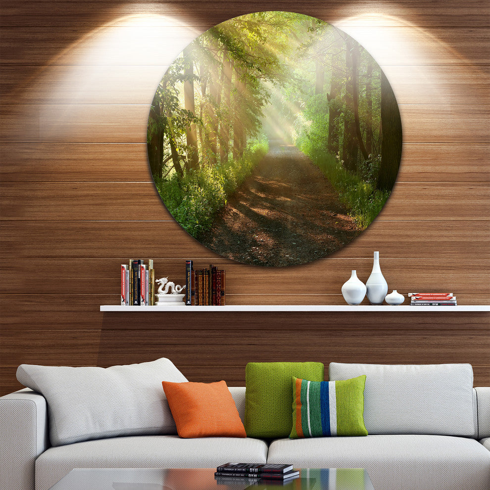 Suns Peeks Into Forest, Landscape Photo Disc Metal Wall Art, 23"