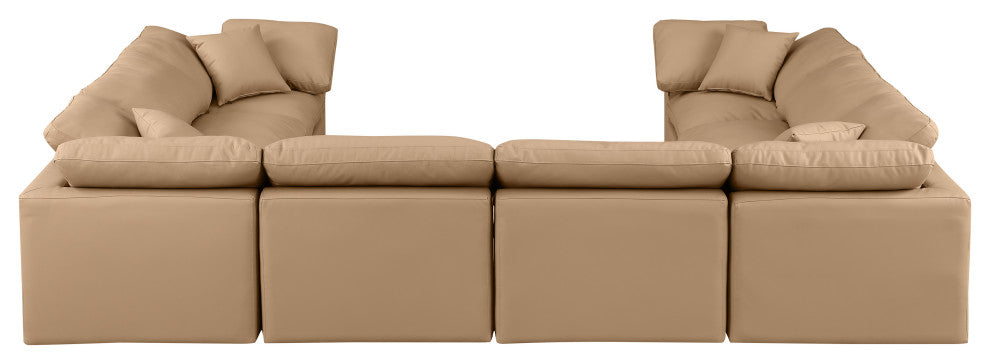 Indulge Upholstered Modular U-Shaped Sectional, Tan, 8-Piece: 4 Armless Chair, 4 Corner Chair, Fiber Stuffed Vegan Leather