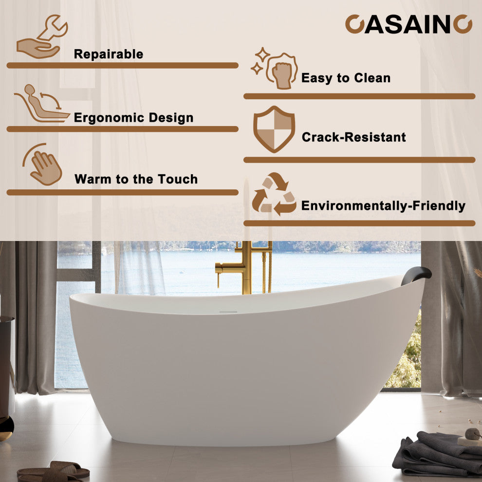 59in White Solid Surface Freestanding Soaking Bathtub with Drain, 67in