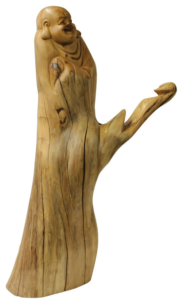 Chinese Cypress Wood Carved Standing Happy Buddha Statue