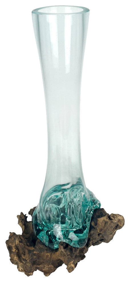 Glass On Teak Driftwood Molten Sculptural Bud Vase