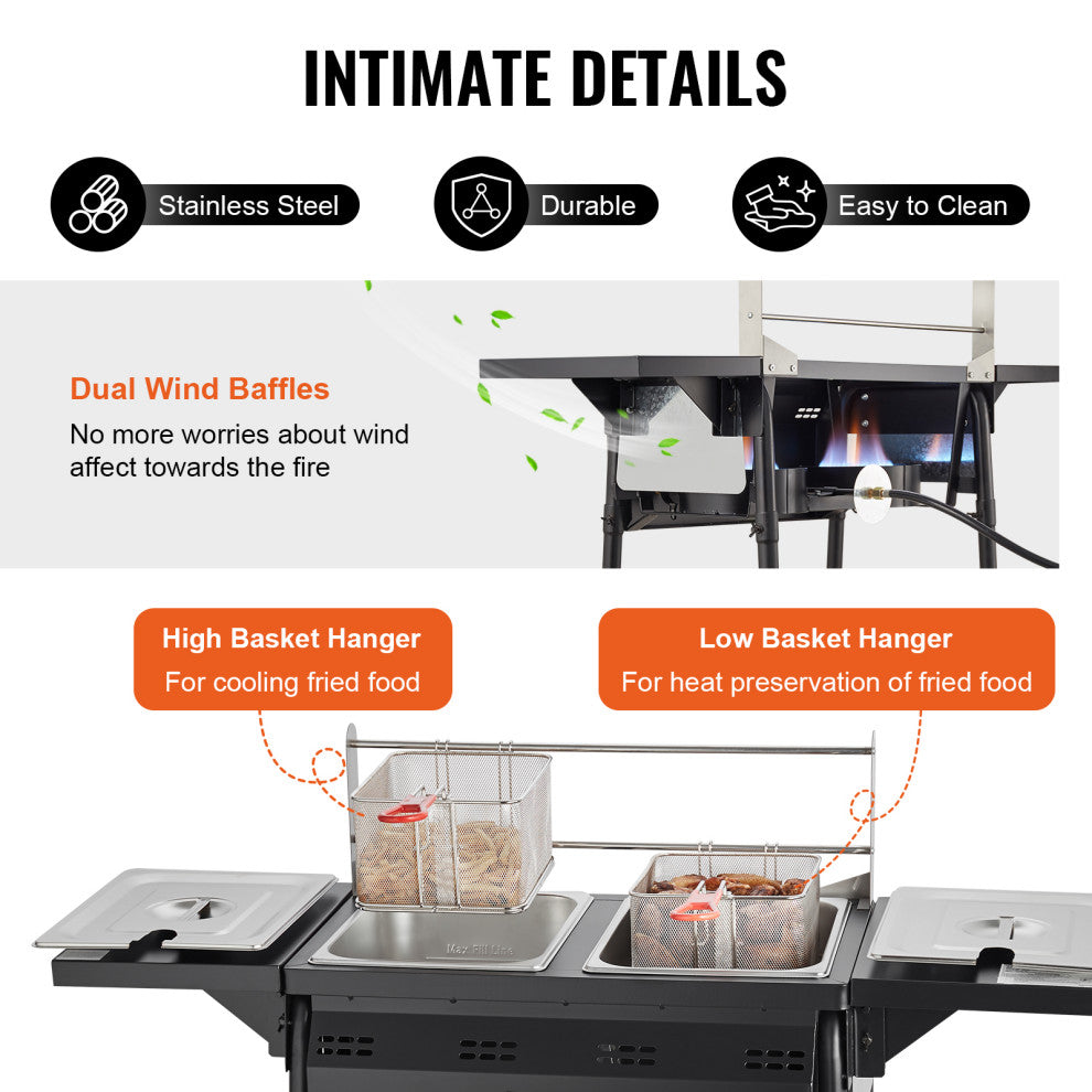 VEVOR 16 Qt Double Burner Outdoor Propane Deep Fryer Steel Cooker Dual Baskets