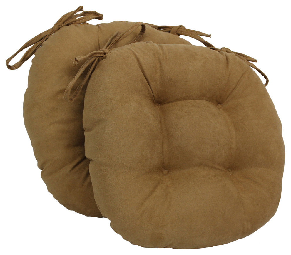 16" Solid Micro Suede Round Tufted Chair Cushions, Set of 2, Brown