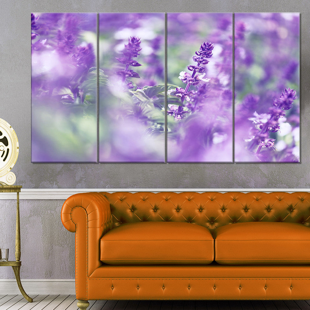 Beautiful Purple Mint Flowers, Large Flower Canvas Wall Art, 48"x28", 4 Panels