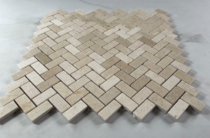 Crema Marfil Marble Herringbone Mosaic Tile Polished 5/8x1-1/4, 1 sheet