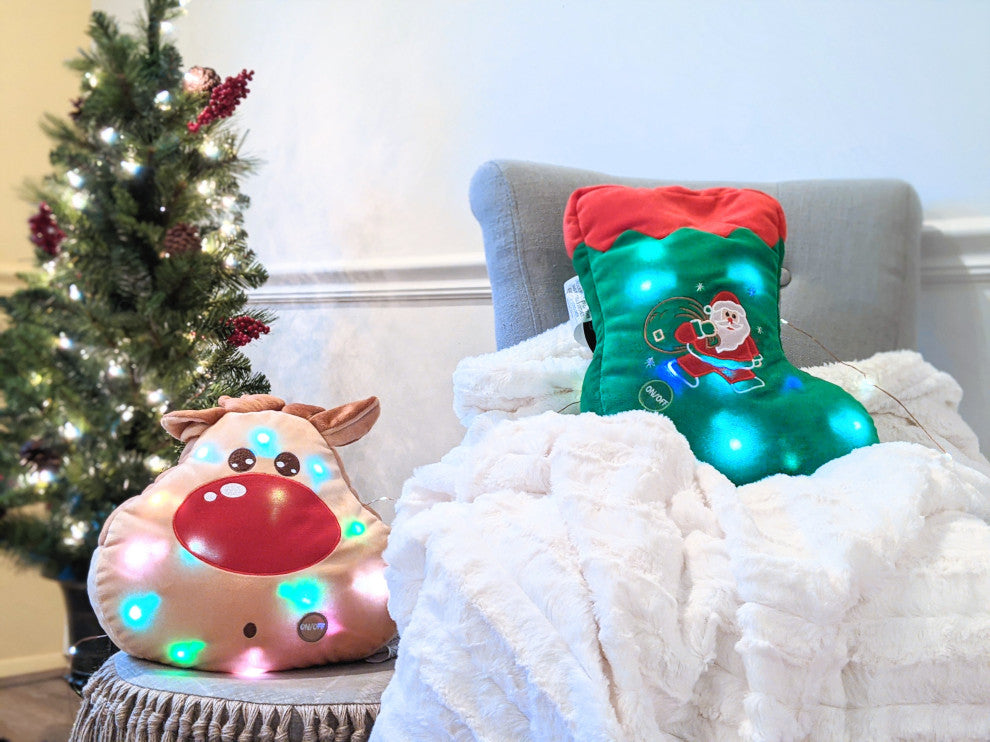 Tache Cute Christmas Lights Green Santa Stocking Microbead LED Throw Pillow