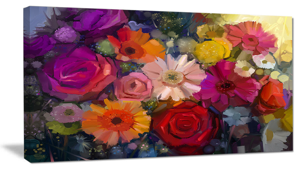 Bouquet of Rose Daisy and Gerbera, Large Floral Canvas Artwork, 32"x16"