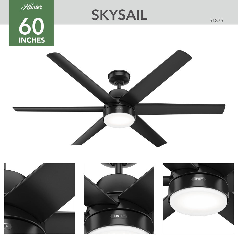 Hunter 60" Skysail Matte Black Wet Rated Ceiling Fan, LED Kit, Remote