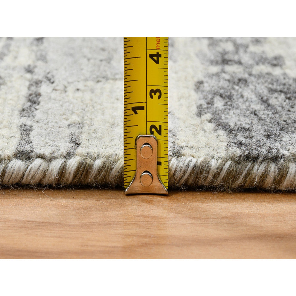 Gray, Modern Design, Natural Wool, Hand Knotted XL Runner Rug, 2'6"x20'0"