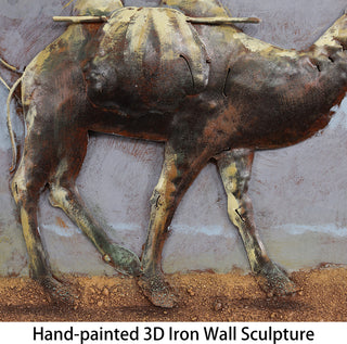 "Caravan" Camel Mixed Media Iron Hand Painted Dimensional Wall Art