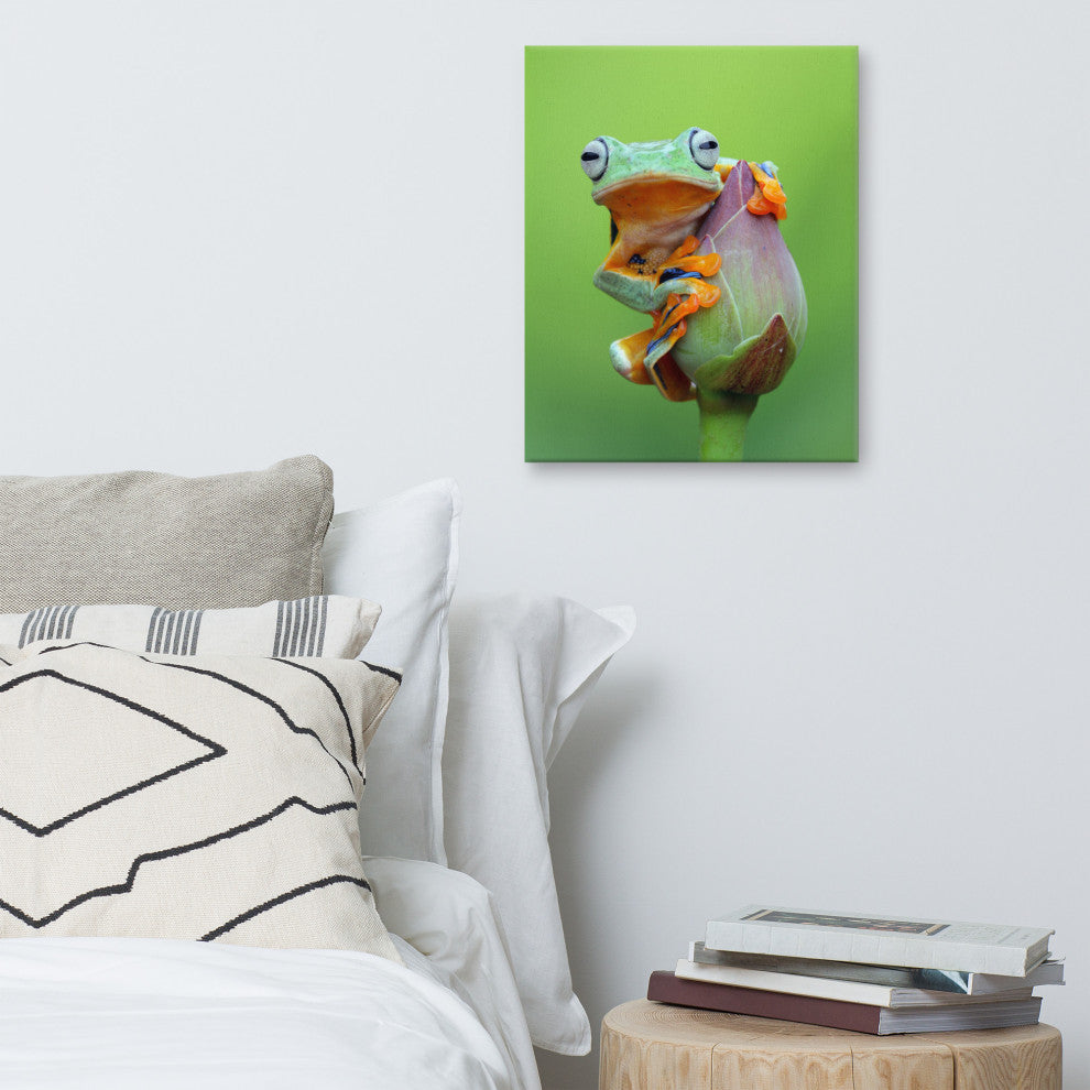 Tiny Green Tree Frog on Lotus Bloom Wildlife Floral Photo Canvas Wall Art Prints, 16" X 20"