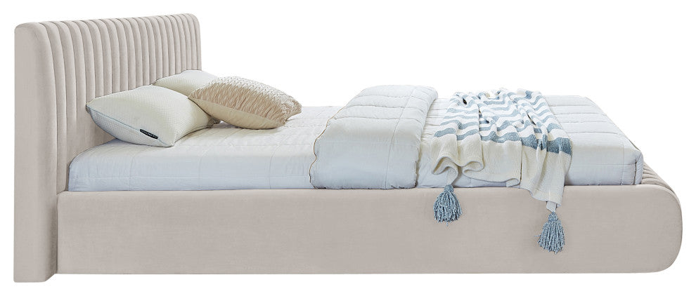 Nico Black Velvet Upholstered Bed, Cream, Queen