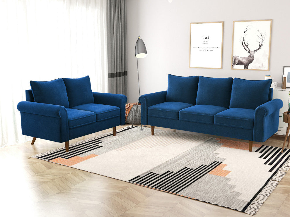 The Delta II Velvet Rolled Arm Loveseat, Dark Blue