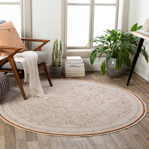 Surya Rajasthan RAJ-2302 6' Round Rug, Dark Brown/Ivory/Camel/Cream