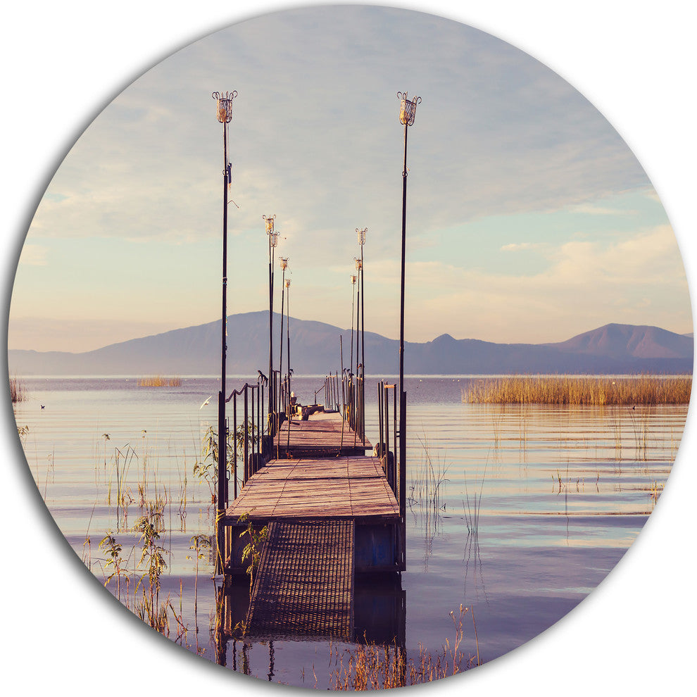 Wooden Boardwalk To Clear Sea Water, Sea Bridge Disc Metal Artwork, 11"