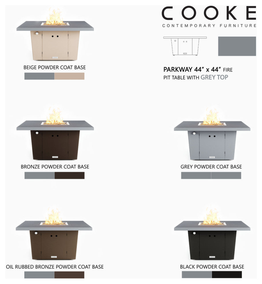 Square Fire Pit Table, 44x44, Chat Height, Natural Gas, Hilltop Grey Top, Bronze