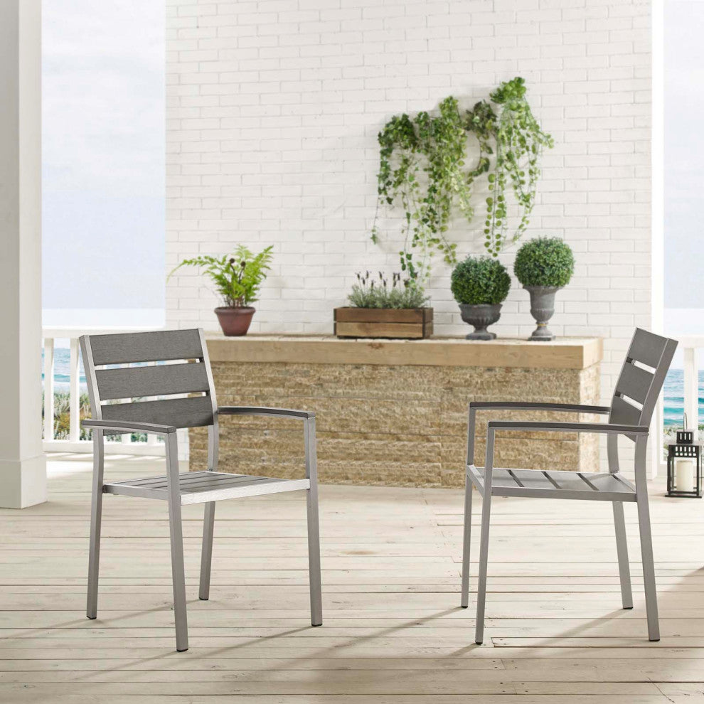 Side Dining Chair Armchair, Set of 2, Aluminum, Metal, Silver Gray, Outdoor