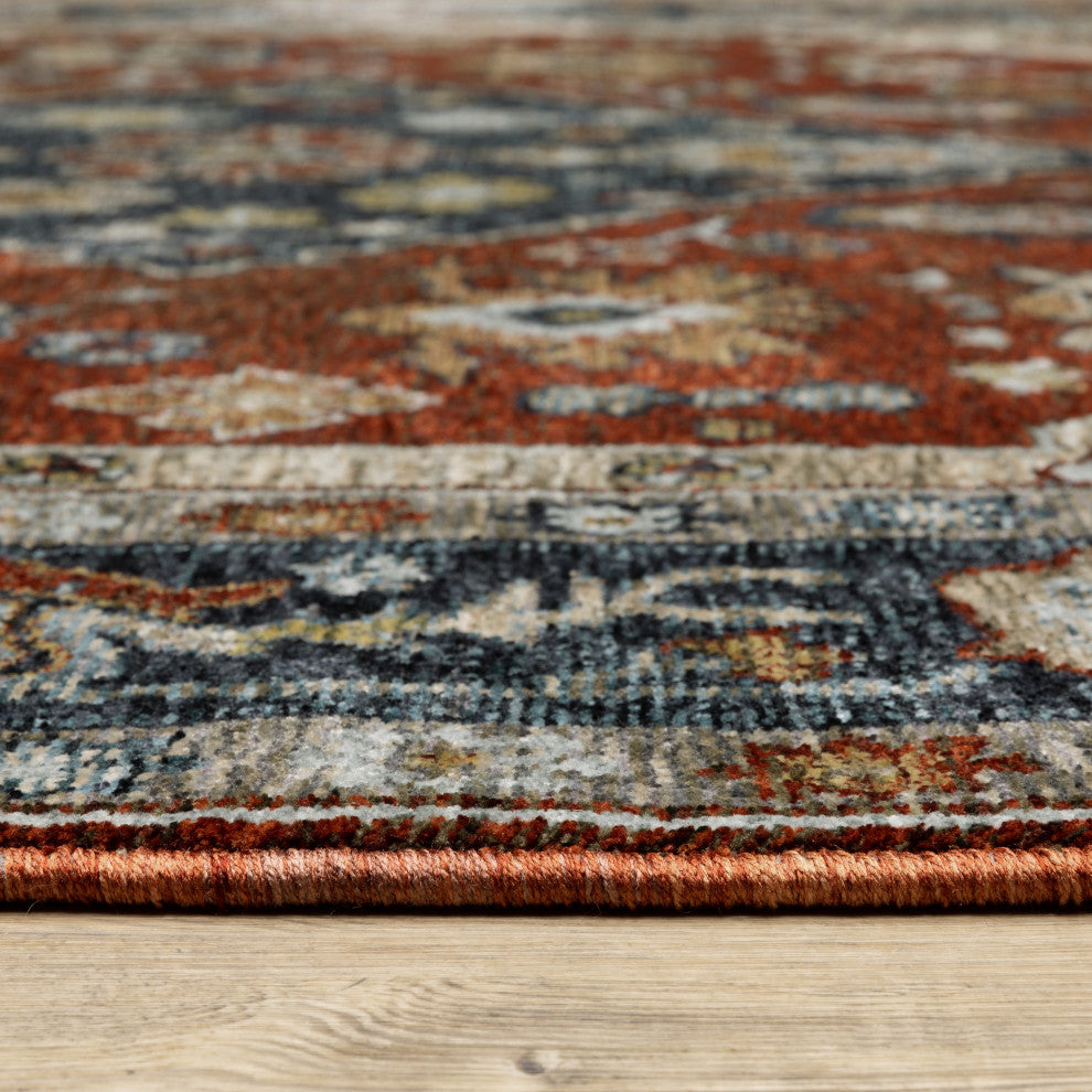 Augustus Vintage Medallion Rust/ Blue Indoor Area Rug, Red, 6'7"x9'6"