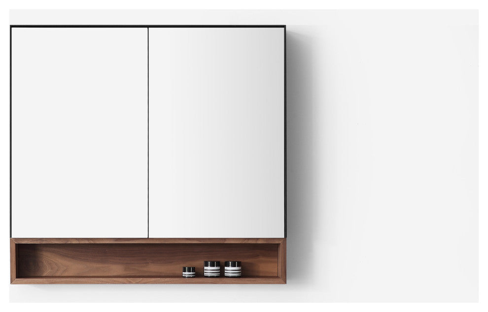Bergen Modern Medicine Cabinet, Matte Black Frame, Walnut Shelf, 36"