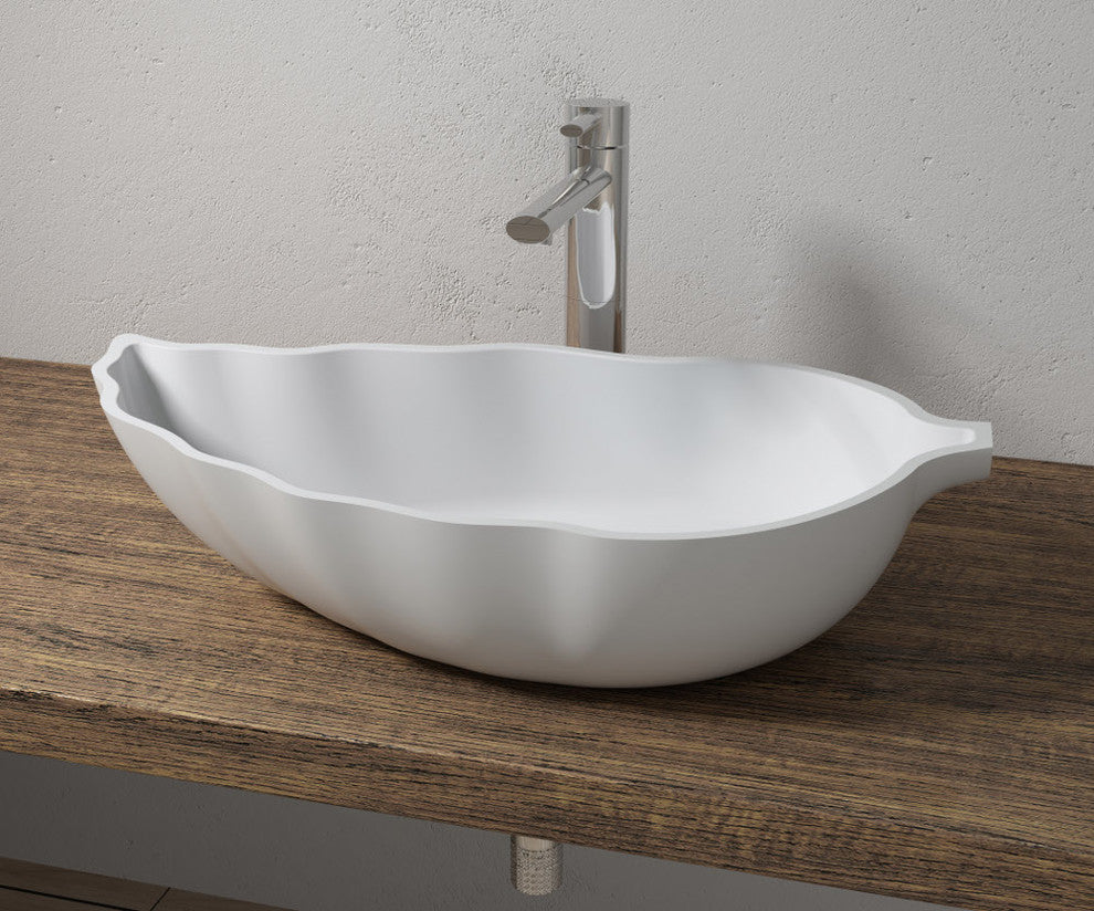 Polystone Leaf Vessel Bathroom Sink, Glossy White, No Faucet
