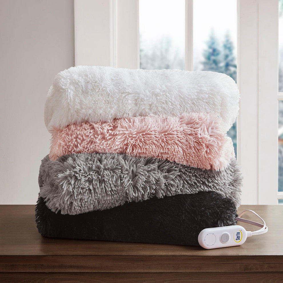 Serta Malea Shaggy Faux Fur Heated Throw, Black