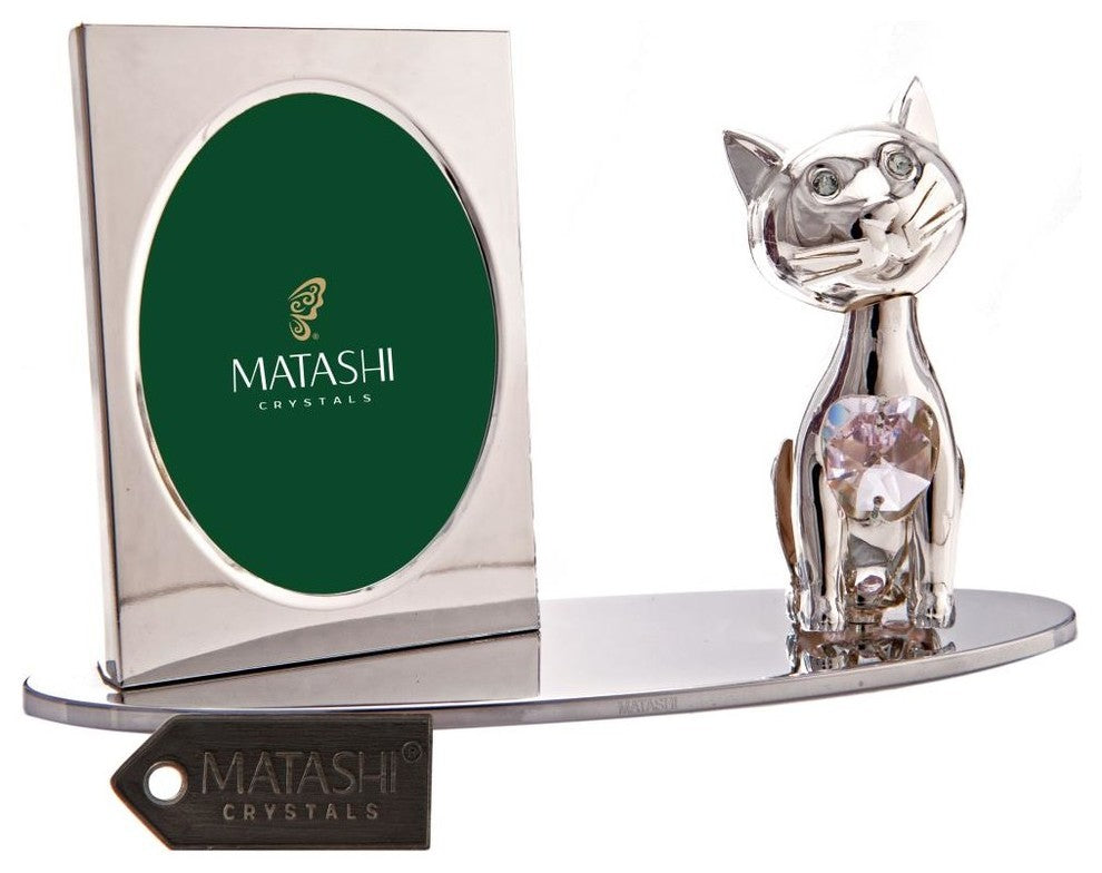 Silver Plated Picture Frame With Crystal Decorated Cartoon Cat Figurine