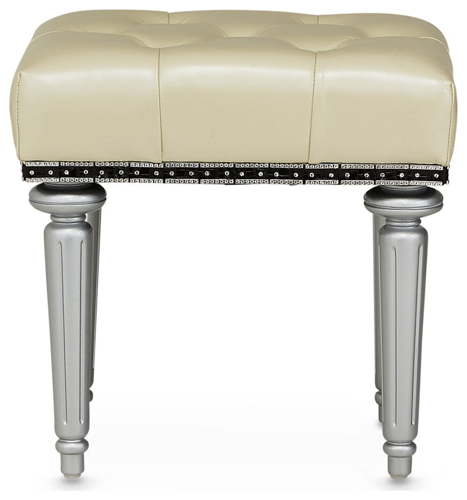 Hollywood Swank Tufted Leather Vanity Bench, Creamy Pearl