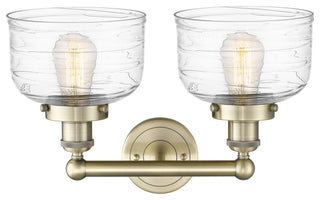 Edison Large Bell 2-Light 16" Bath Vanity Light, Antique Brass, Clear Deco Swirl