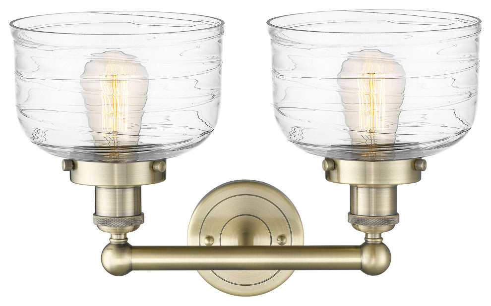 Edison Large Bell 2-Light 16" Bath Vanity Light, Antique Brass, Clear Deco Swirl