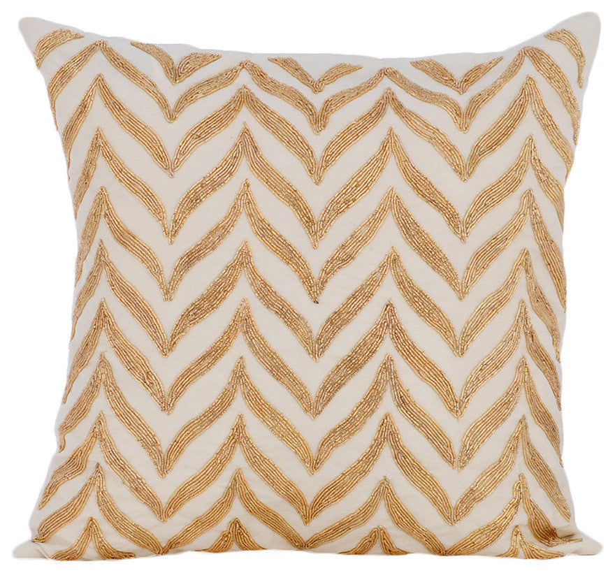 Art Deco 16"x16" Linen White Decorative Pillows Cover, Golden Divide