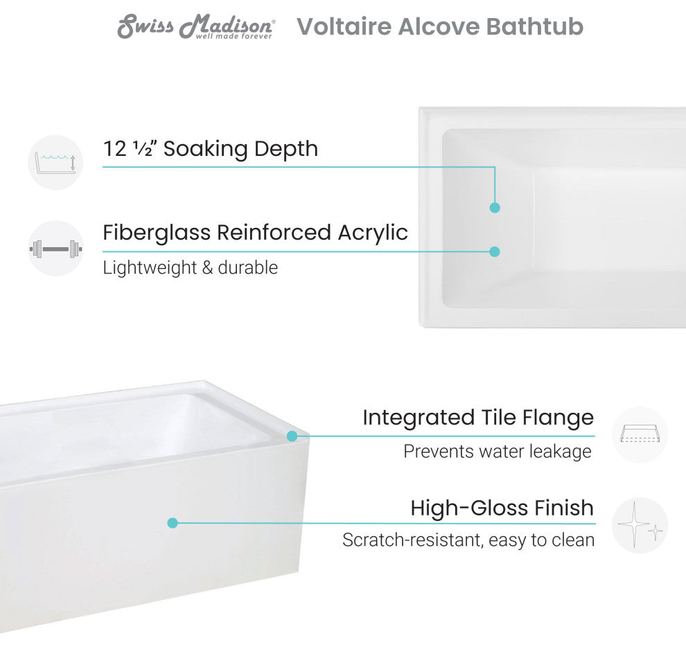 Voltaire 48"x32" Acrylic White, Alcove, Right Hand Drain, Apron Bathtub