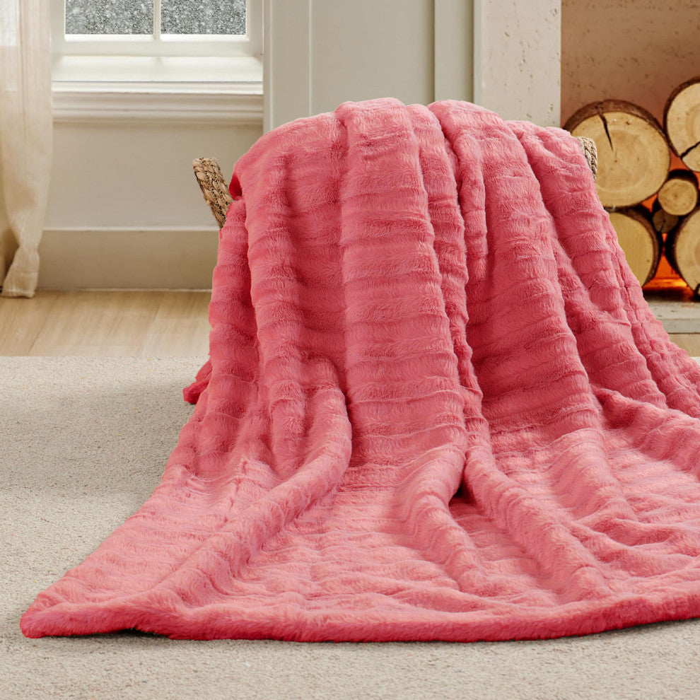 Derby Double Sided Faux Fur Throw Blanket, Spice Coral