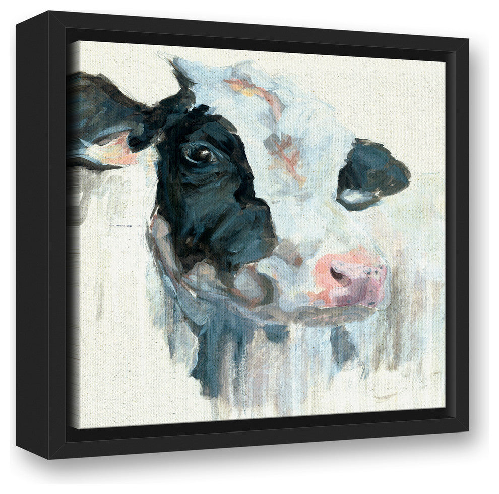 Curious Painted Dairy Cow 12x12 Black Floating Framed Canvas