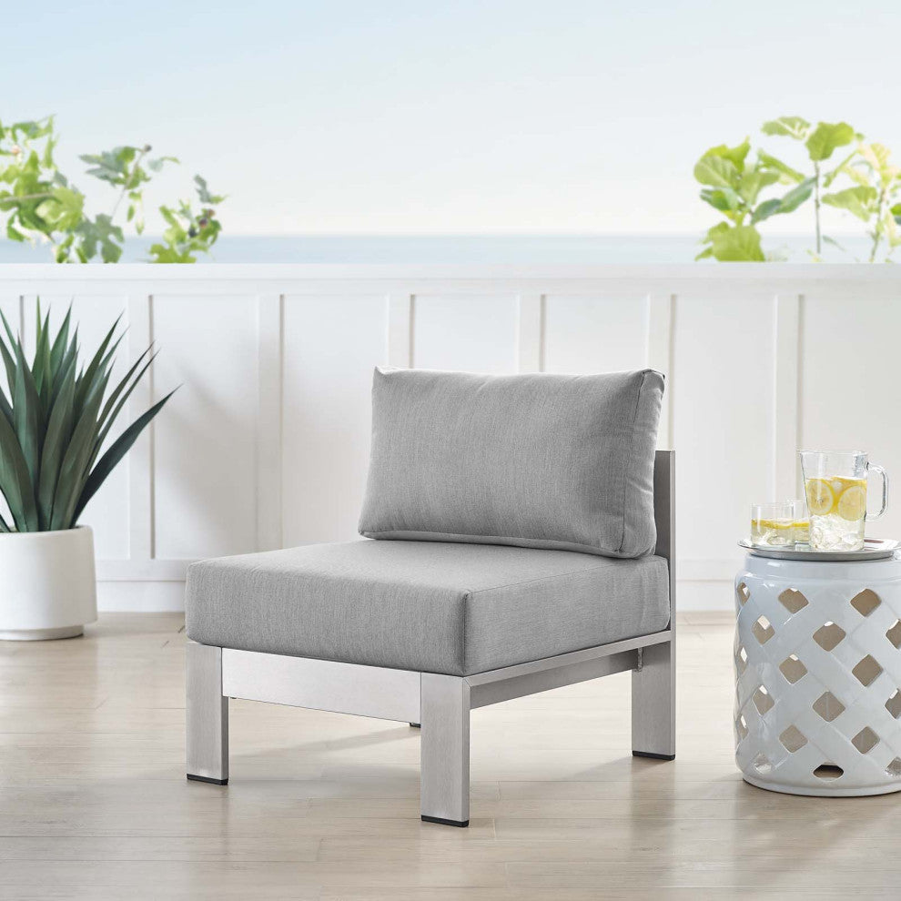 Sofa Middle Chair, Sunbrella, Fabric, Aluminum, Metal, Silver Gray, Outdoor