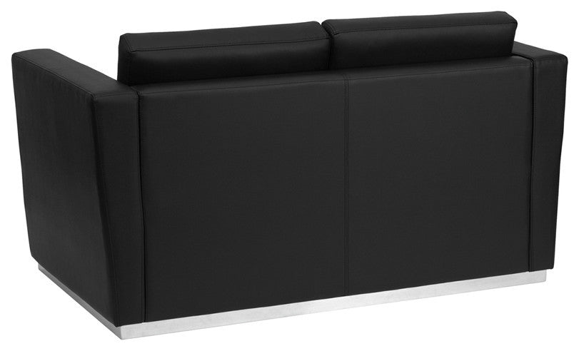 Modern Contemporary Black Leather Loveseat With Stainless Steel Base