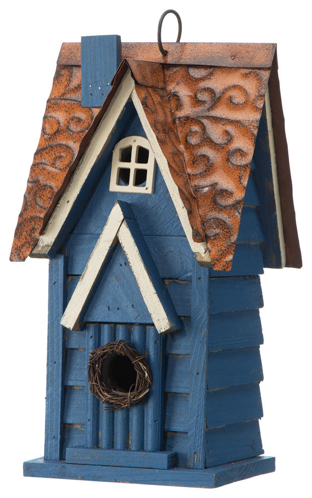 12"H Retro Blue Distressed Solid Wood Cottage Birdhouse