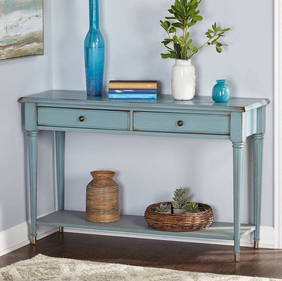 Emilia Sofa Table, Antique Blue With Distressed