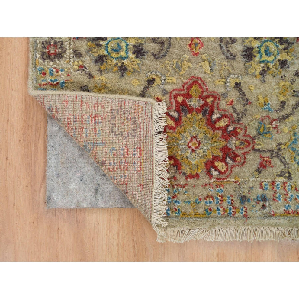 Khaki The Sunset Rosettes Wool and Silk Hand Knotted Mat Oriental Rug 2'x3'