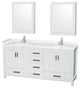 72"DBL Vanity White, Carrara Cult. Marble Countertop, Sinks, Med. Cabinets